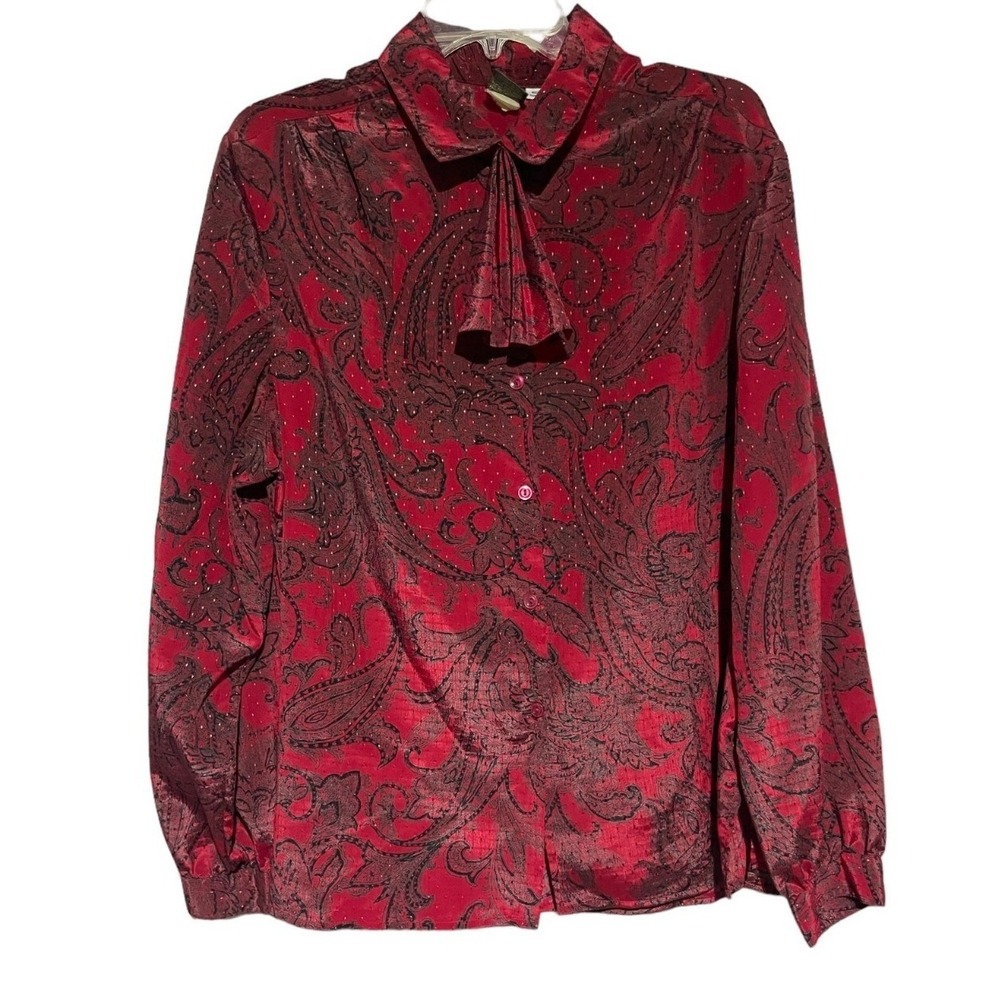 Pykettes Vintage Red Black Paisley Glitter Jabot Button Up Blouse Womens‎ Large